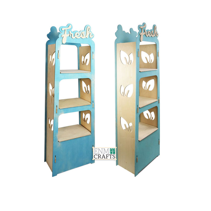 Fresh, Double Sided 3 Tier Wooden Display Stand with Cutouts, Flat Pack - SKU: 404