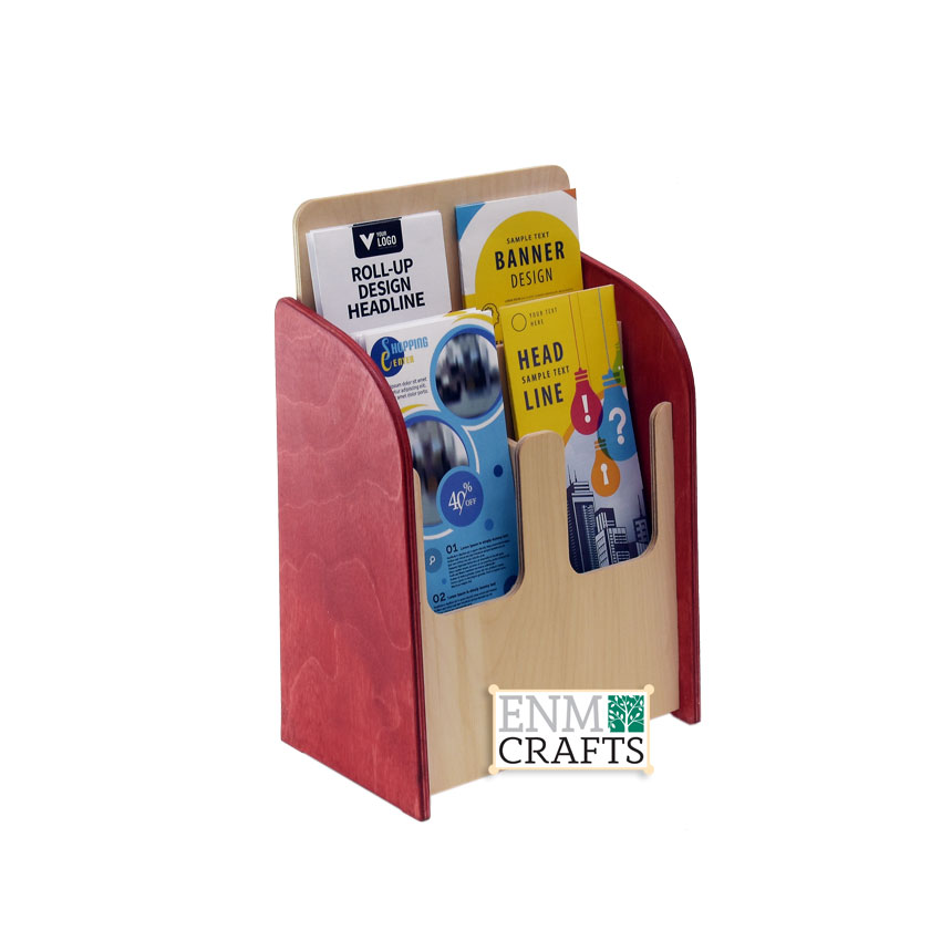 Wooden 2 Tier Tri-Fold Brochure Holder 4 Pockets, Brochure Display Stand