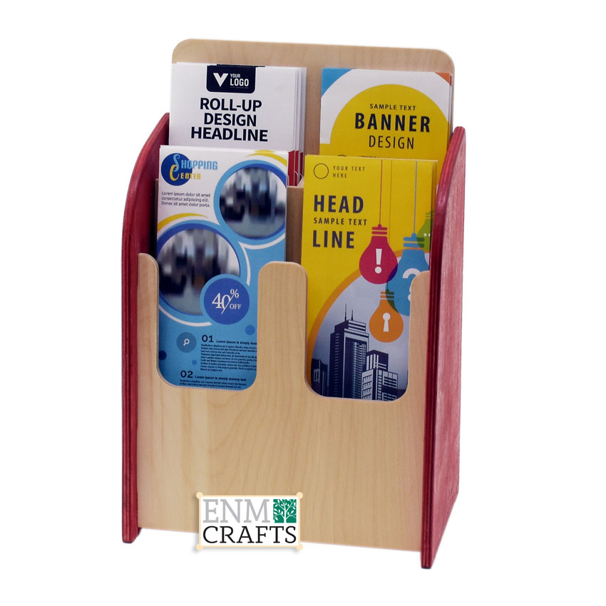 Wooden 2 Tier Tri-Fold Brochure Holder 4 Pockets, Brochure Display Stand