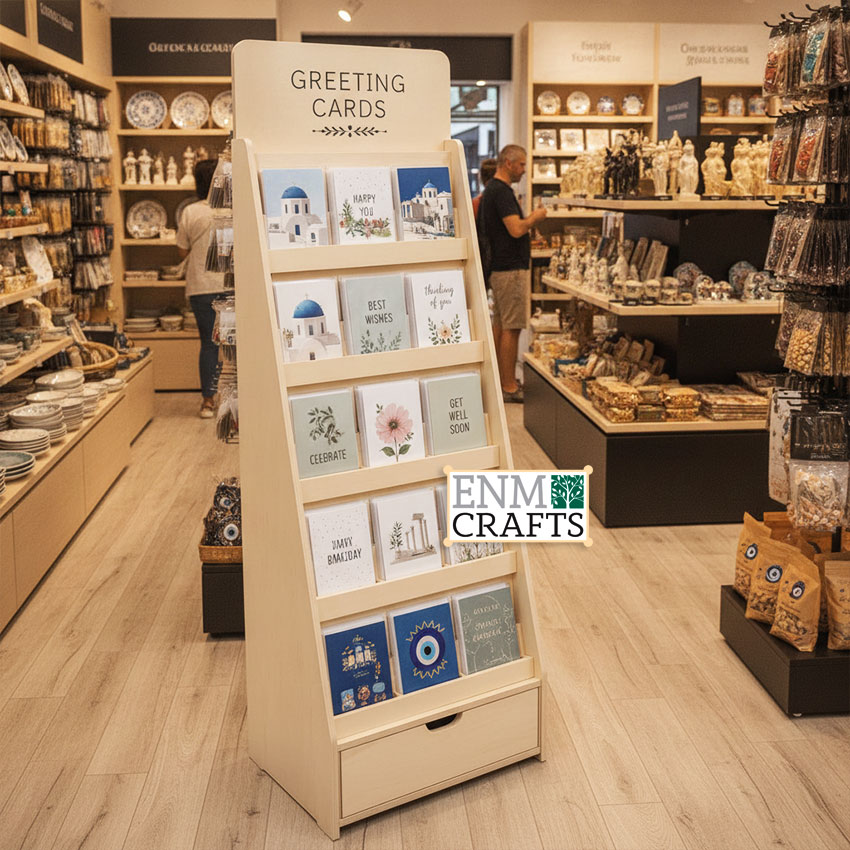 Wooden Floor Greeting Card Display with Storage Drawer GR106