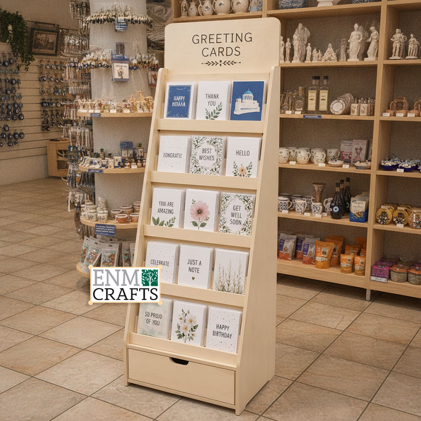 Wooden Floor Greeting Card Display with Storage Drawer GR106