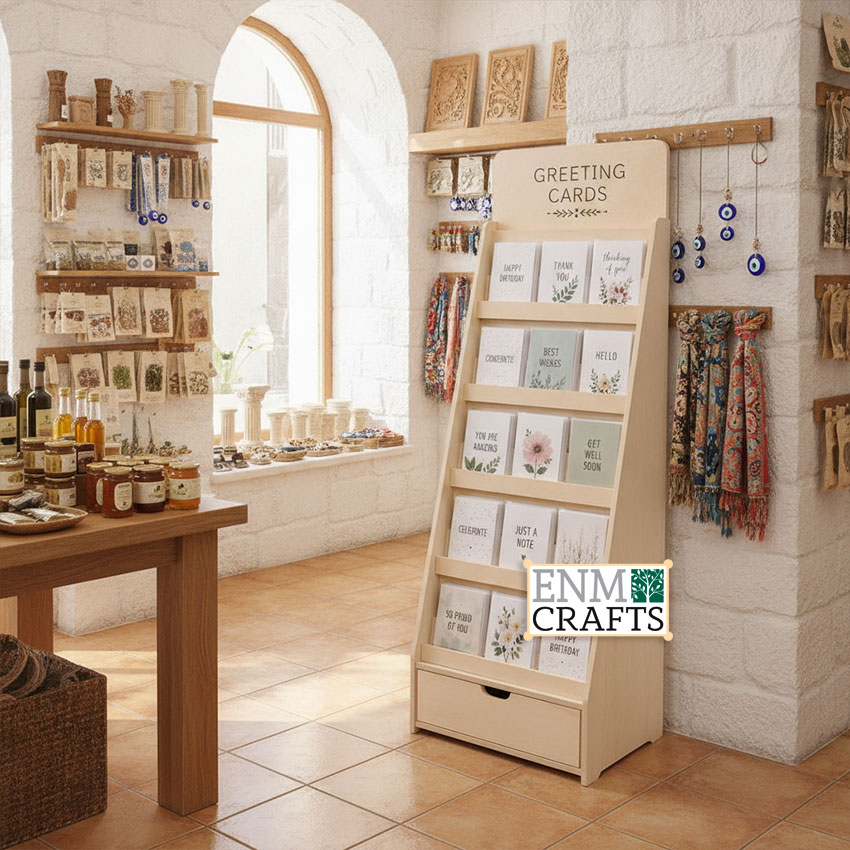 Wooden Floor Greeting Card Display with Storage Drawer GR106
