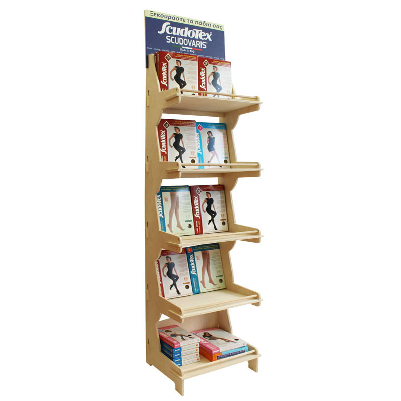 5 Tier Wooden Display Rack for Retail Stores with slanted Angle Shelves-Flat Pack