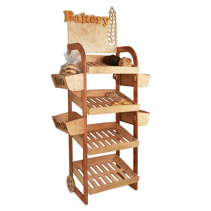 Rio Bakery 4 Tier Display Rack with Wheels, 4 Side Baskets & Header with combination of horizontal and angled shelving - SKU: 728