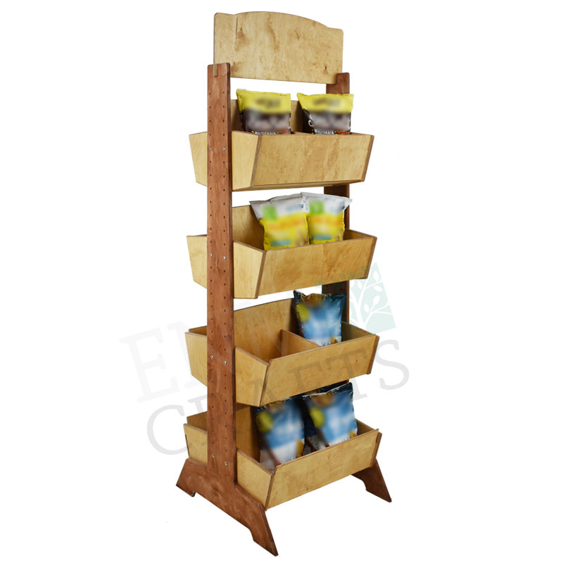Double-Sided 4 Bin Wooden Display with adjustable Shelving Height-727